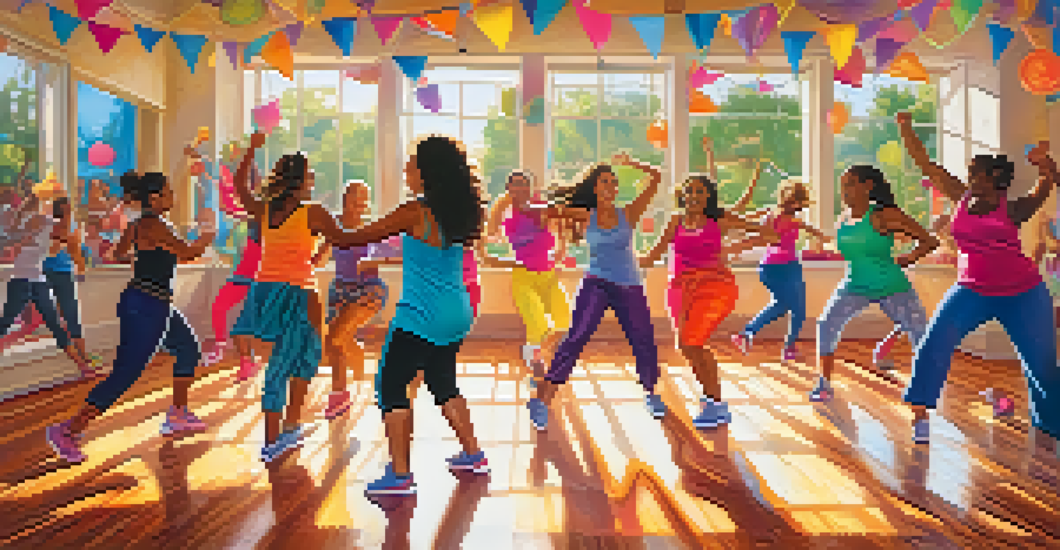 A lively Zumba class with participants dancing energetically to Latin music in a colorful setting.