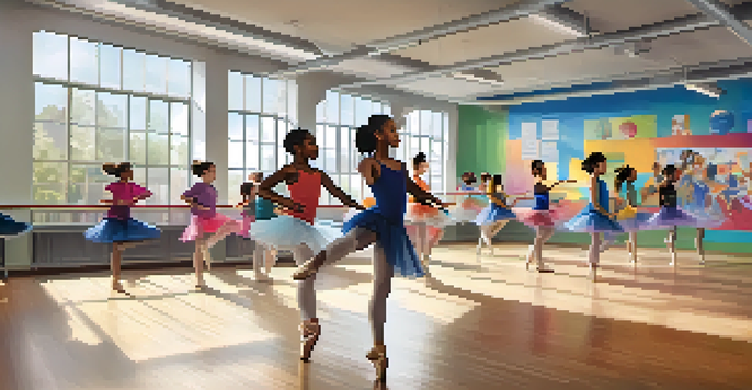 A dance classroom with diverse students practicing ballet, hip-hop, and contemporary dance, filled with vibrant colors and bright lighting.