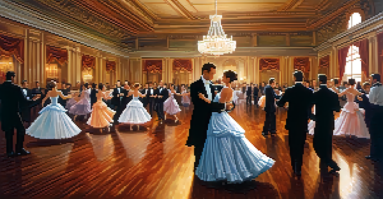An elegant ballroom scene with couples dancing in formal attire under chandeliers.