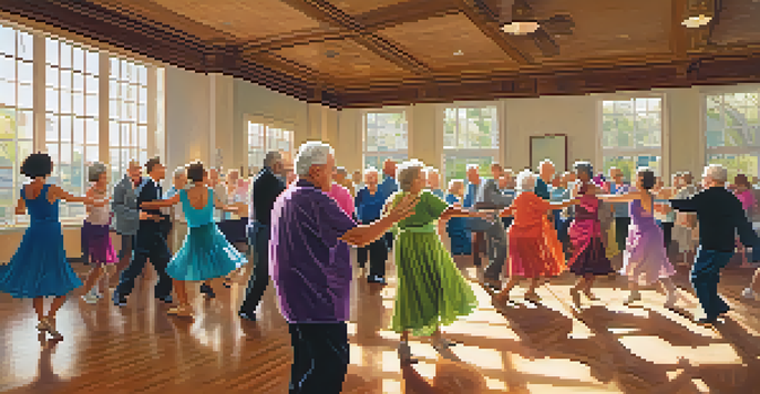 Older adults of various ethnicities dancing joyfully in a bright ballroom dance class, with warm light and colorful outfits.