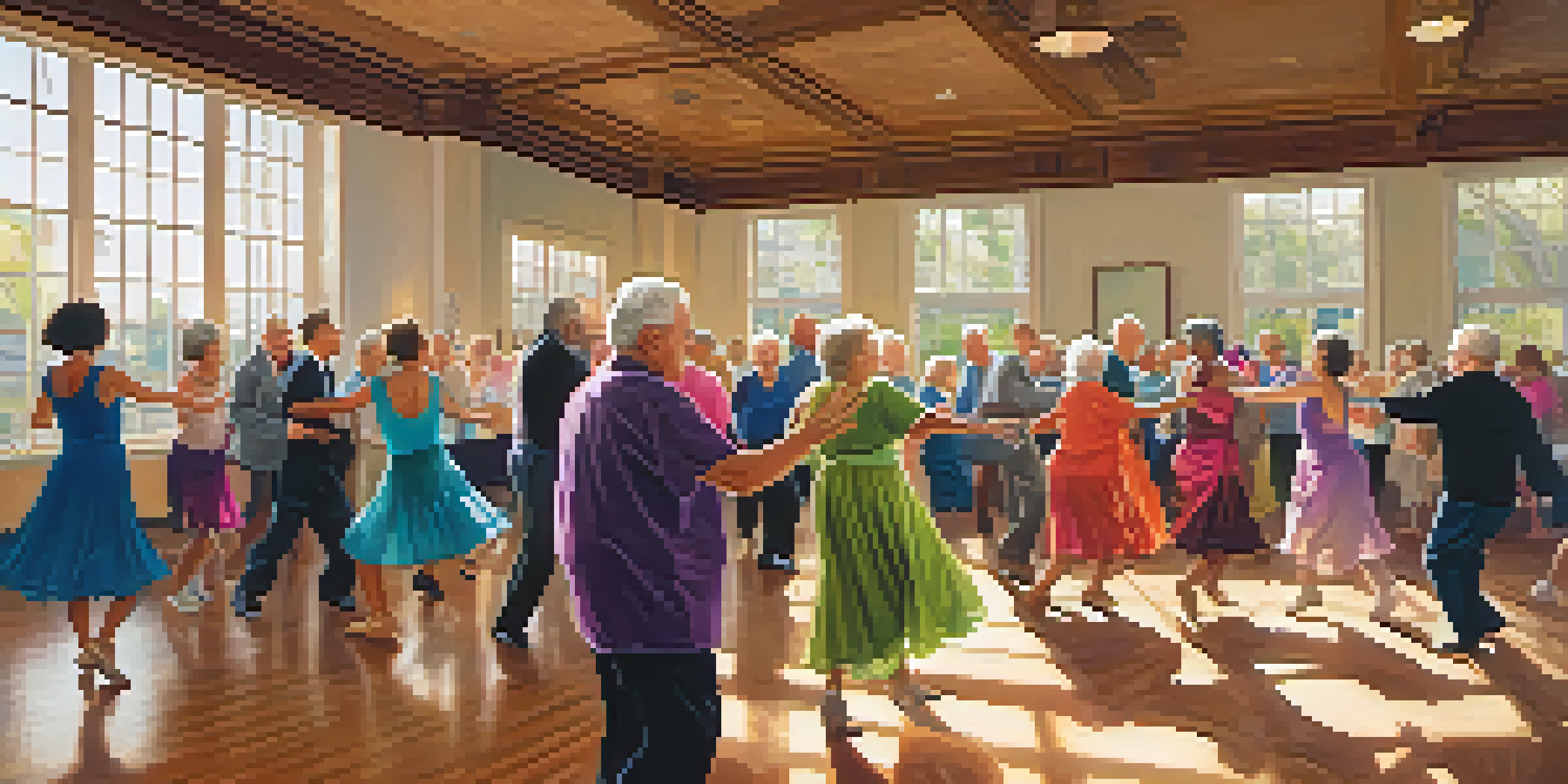 Older adults of various ethnicities dancing joyfully in a bright ballroom dance class, with warm light and colorful outfits.