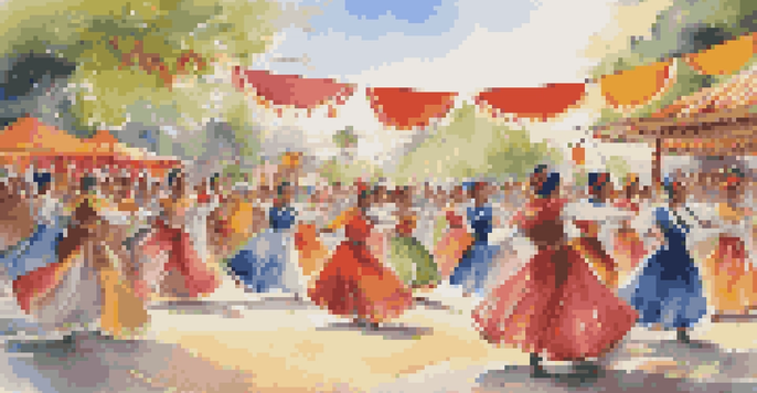 A colorful scene of a folk dance festival with dancers in traditional costumes performing amidst a cheerful audience.