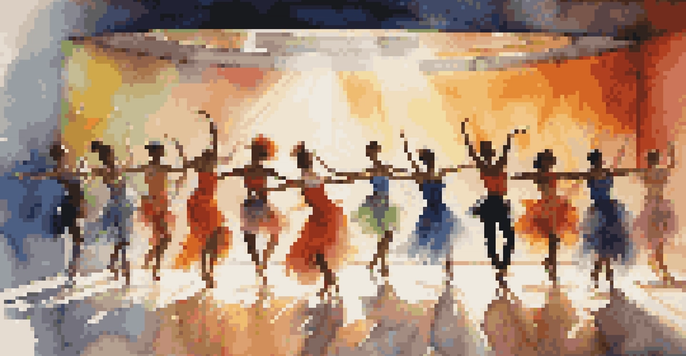 A vibrant dance performance on stage with diverse dancers in colorful costumes, illuminated by bright spotlights.