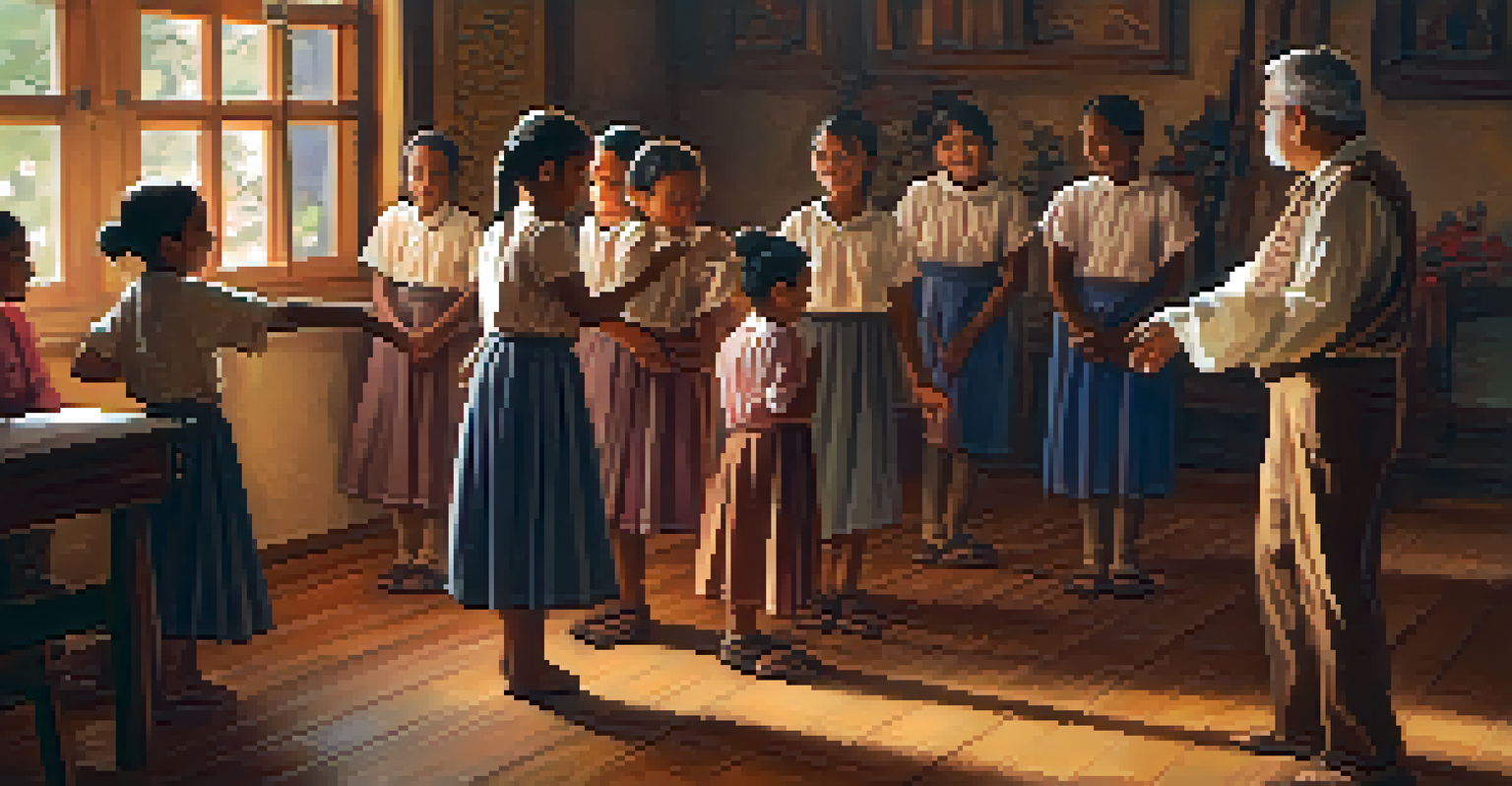 A folk dance workshop with a teacher demonstrating steps to children, surrounded by cultural artifacts in a warmly lit room.