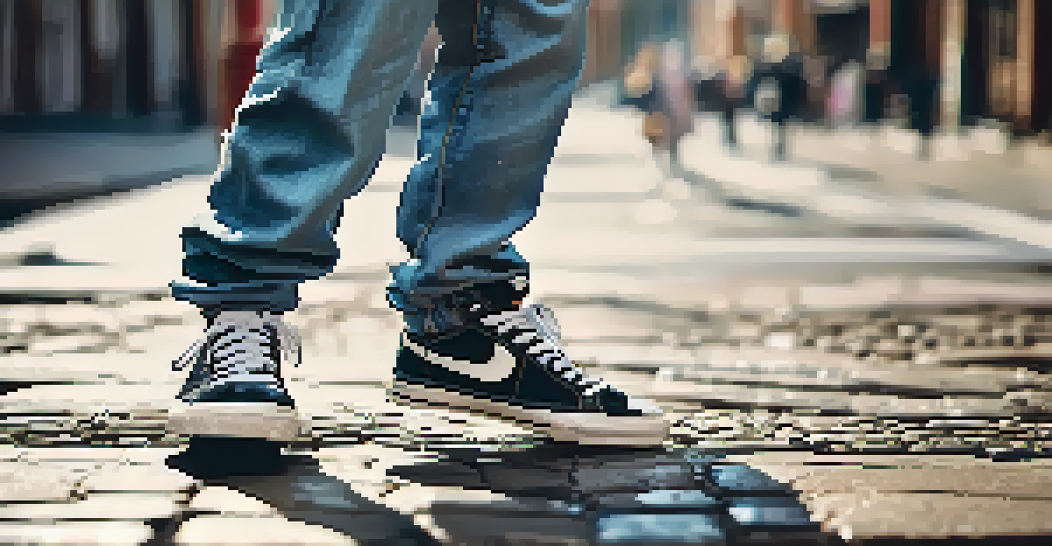 A close-up of a dancer's feet performing intricate footwork on textured pavement, showcasing stylish sneakers.