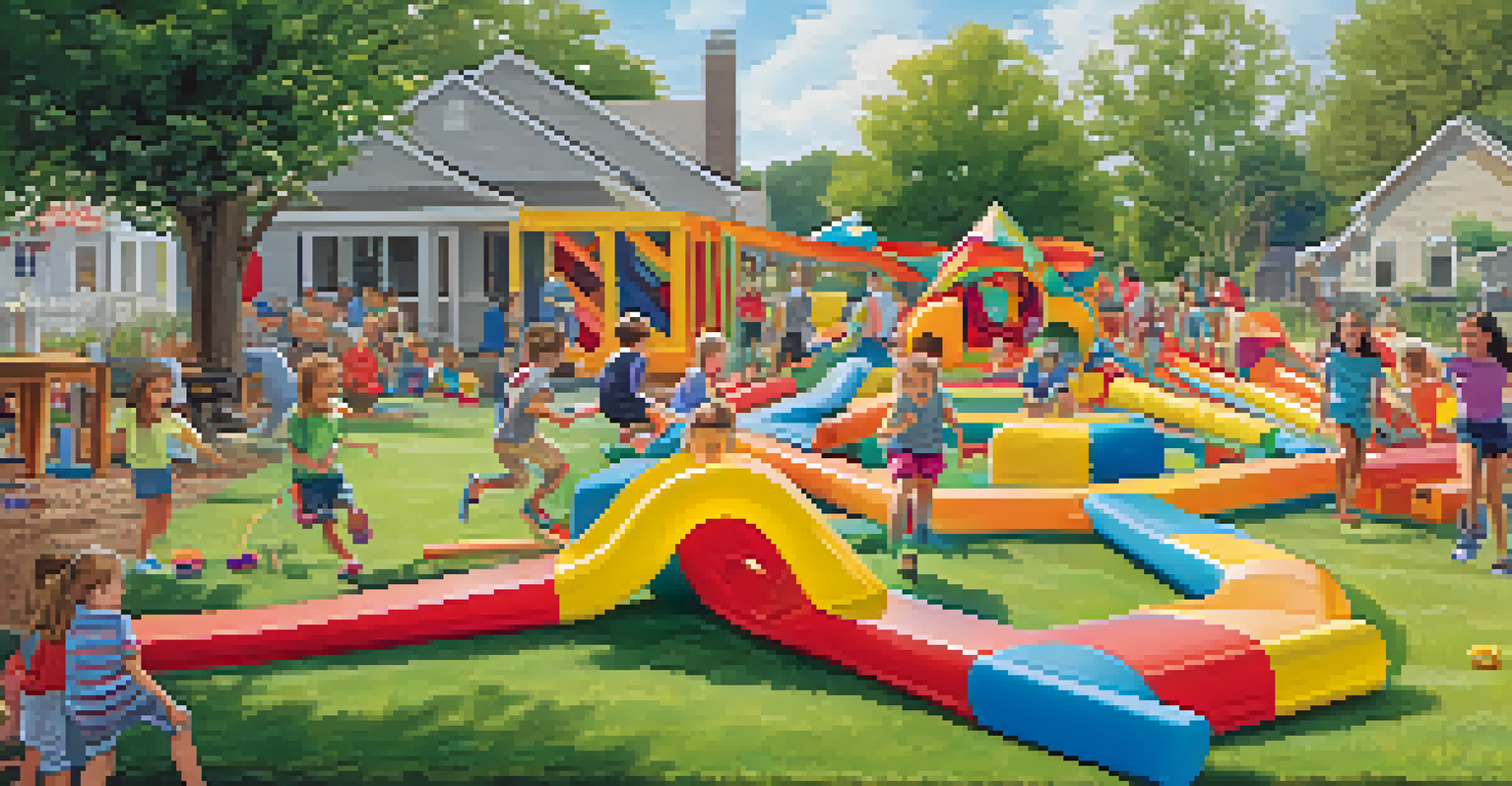 Children navigating a colorful obstacle course in a backyard, displaying excitement and joy as they play.