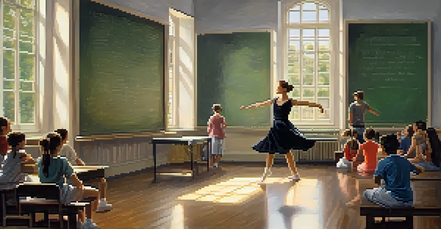 A dance classroom with a teacher explaining Labanotation symbols to students, featuring a sunny window and dance posters.