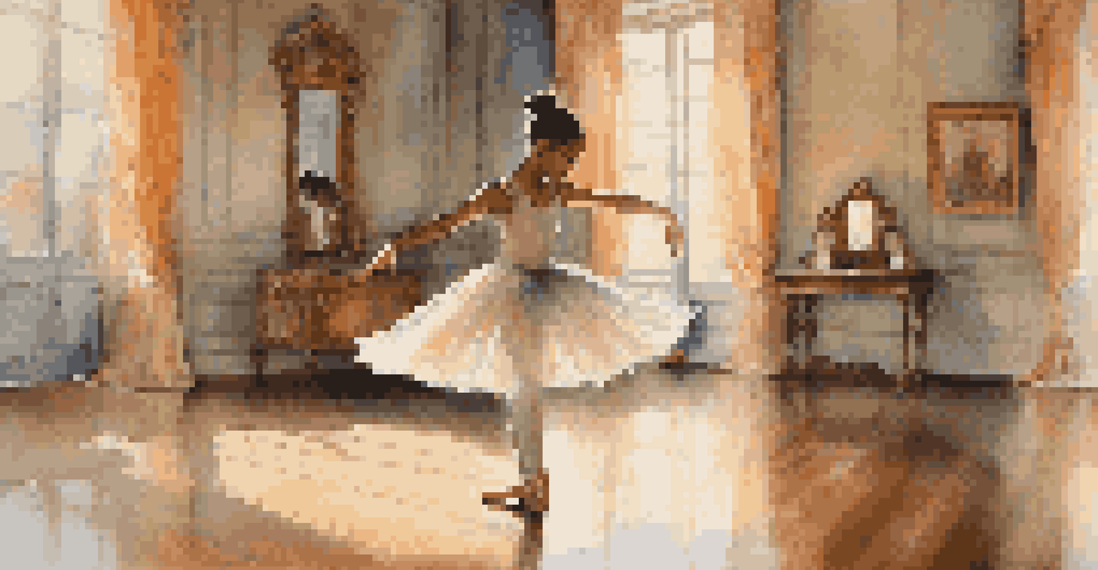 A young dancer practicing in front of a mirror, reflecting a focused expression, in a warmly lit room decorated with cultural elements.