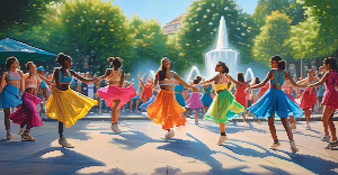 A group of diverse dancers performing a TikTok dance in a sunny urban park, surrounded by greenery and onlookers.