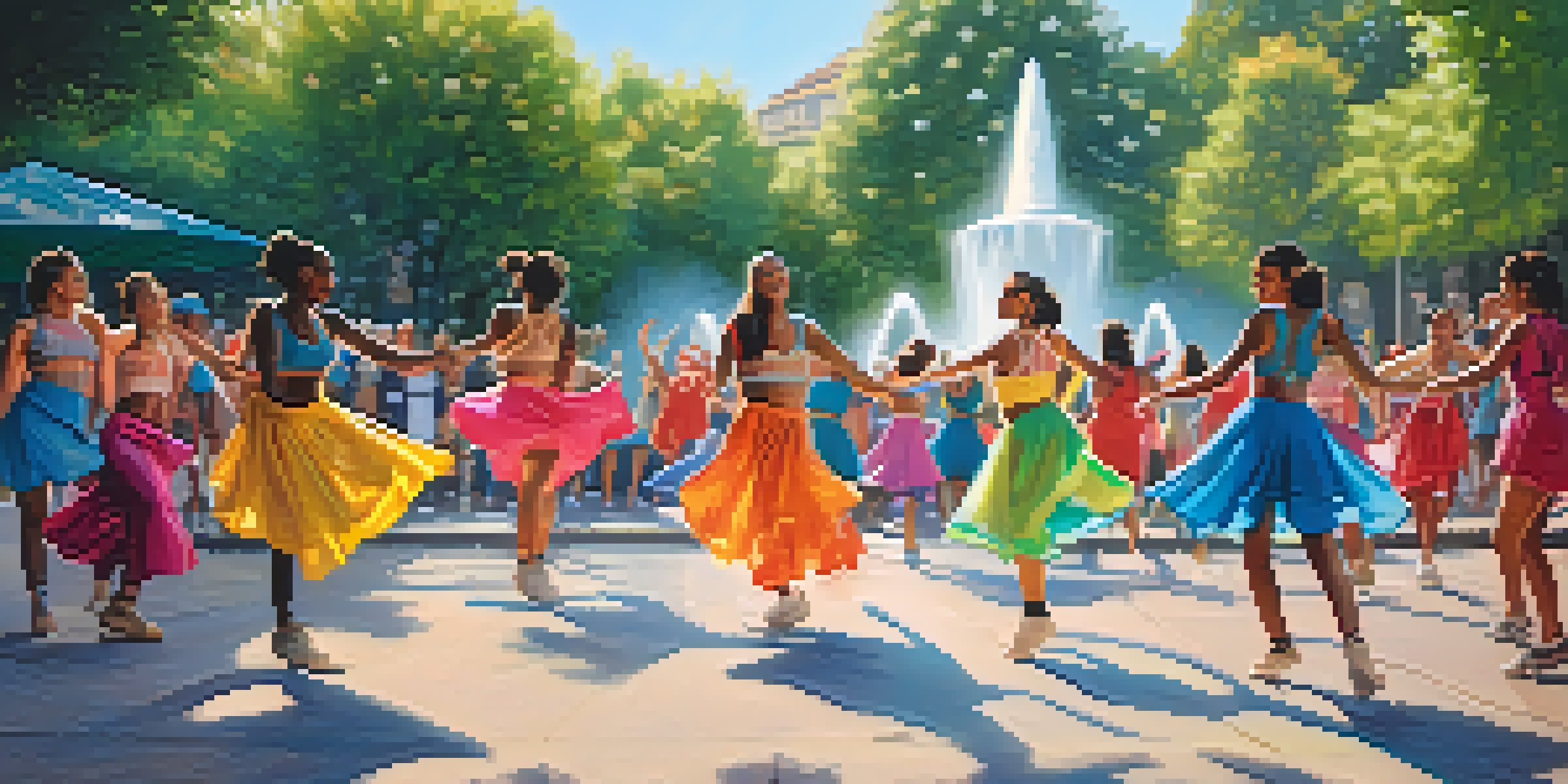 A group of diverse dancers performing a TikTok dance in a sunny urban park, surrounded by greenery and onlookers.
