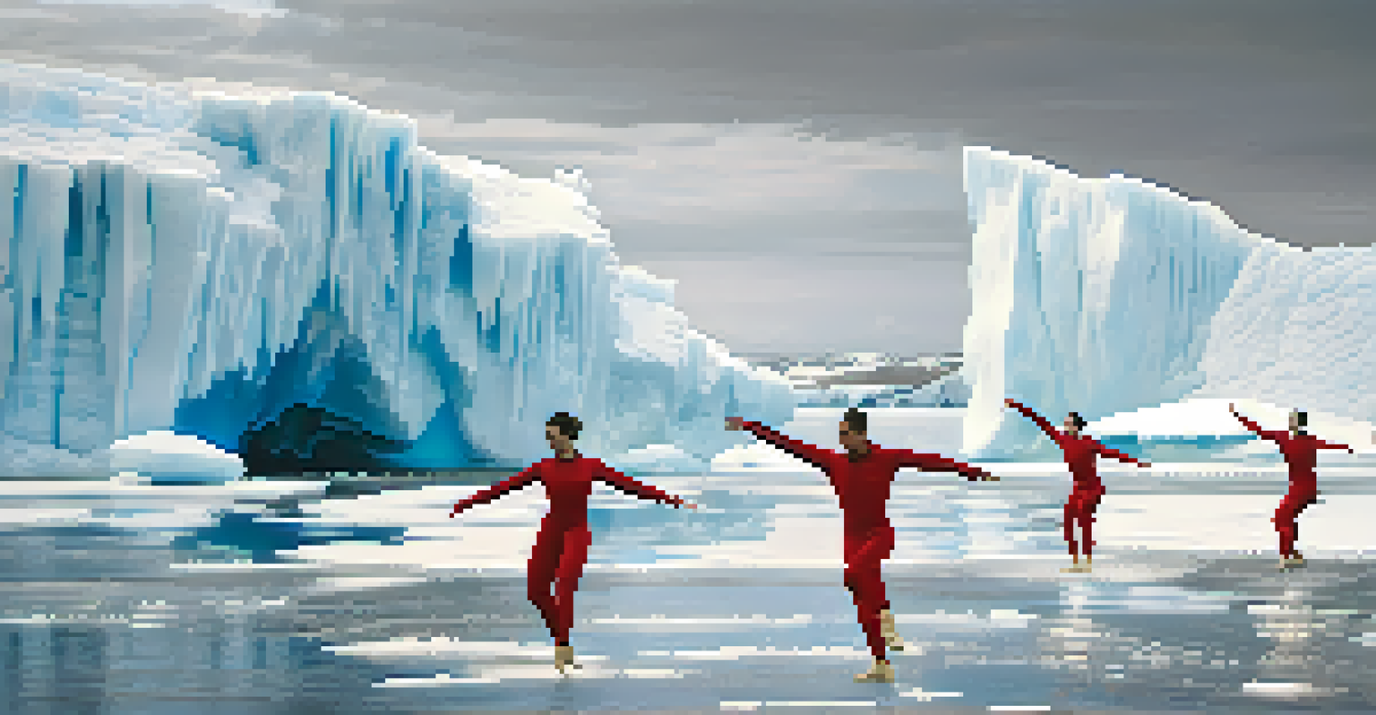 Dancers performing against a backdrop of melting ice caps, highlighting the urgency of climate change.