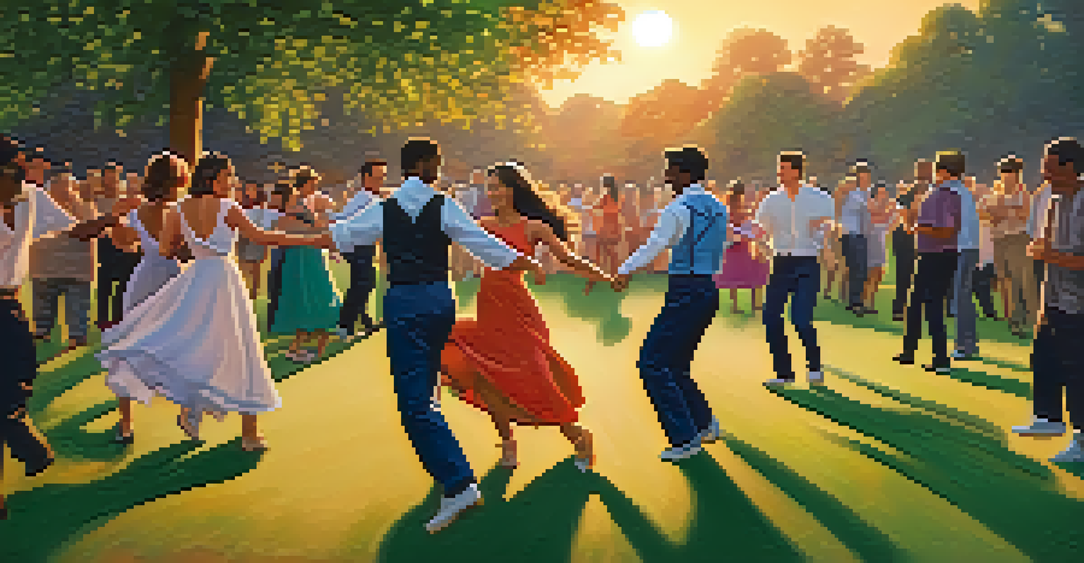 A joyful outdoor dance event in a park at sunset, with friends dancing and enjoying each other's company.