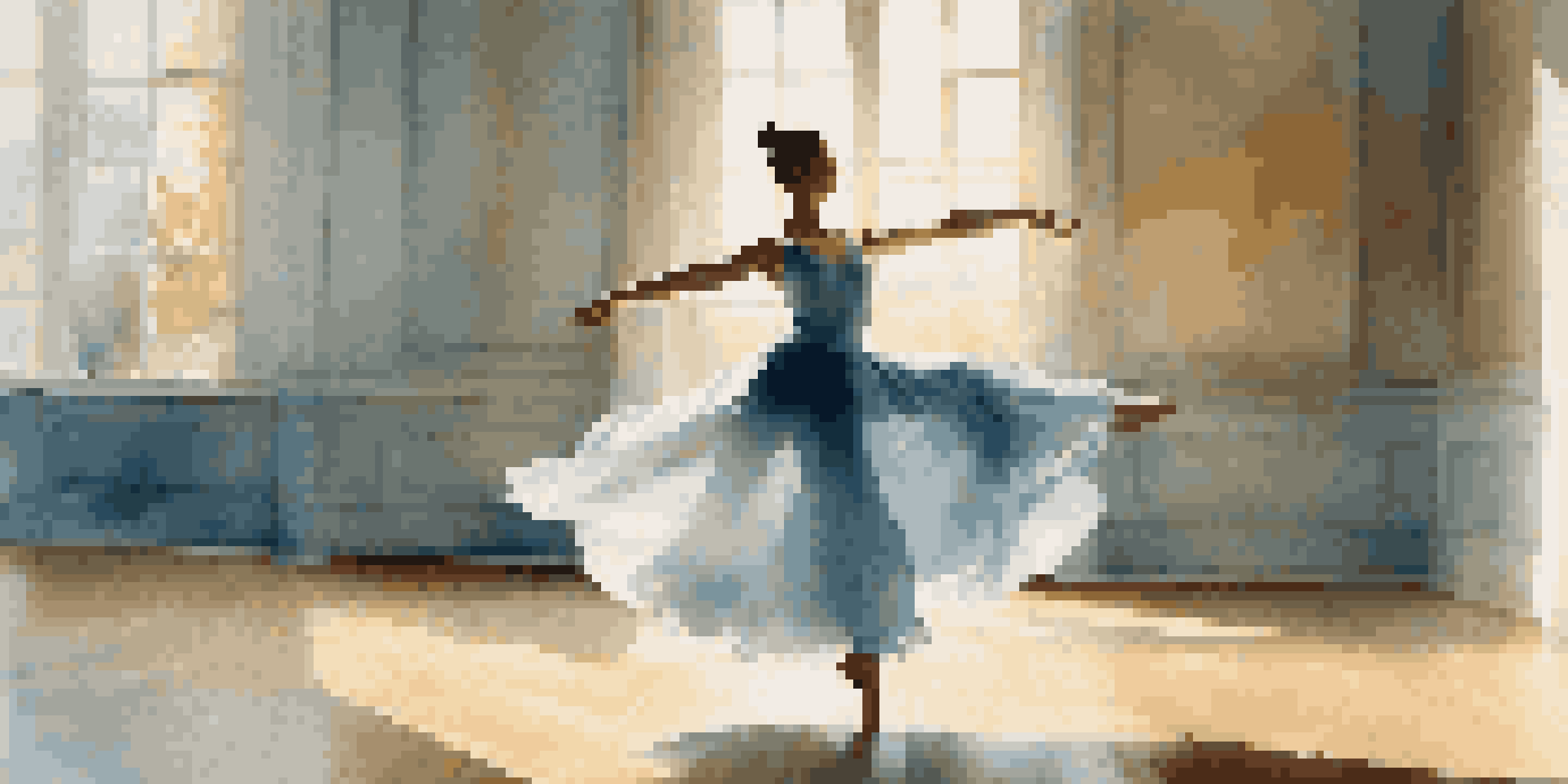 A dancer in a sunlit studio, performing with her arms extended, wearing a pale blue dress.