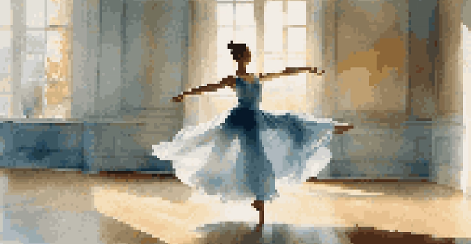 A dancer in a sunlit studio, performing with her arms extended, wearing a pale blue dress.
