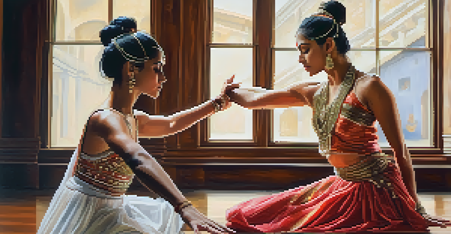 Two dancers from different cultural backgrounds collaborating, one in Indian classical attire and the other in ballet outfit, captured in mid-movement in a dance studio.