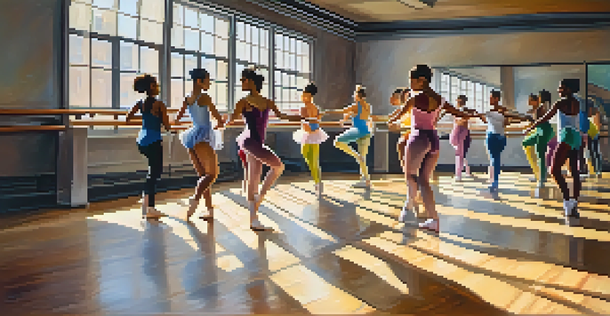 A dance studio with diverse dancers practicing different styles of dance, illuminated by natural light.