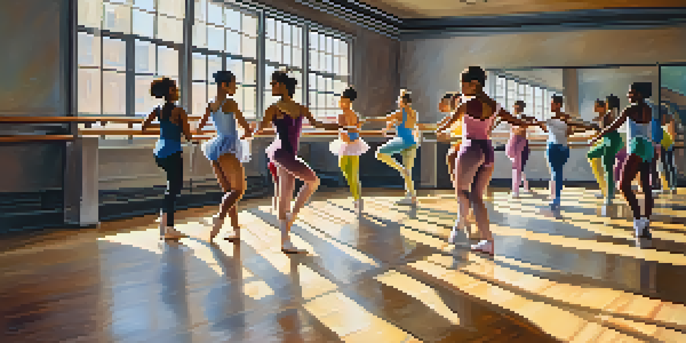 A dance studio with diverse dancers practicing different styles of dance, illuminated by natural light.