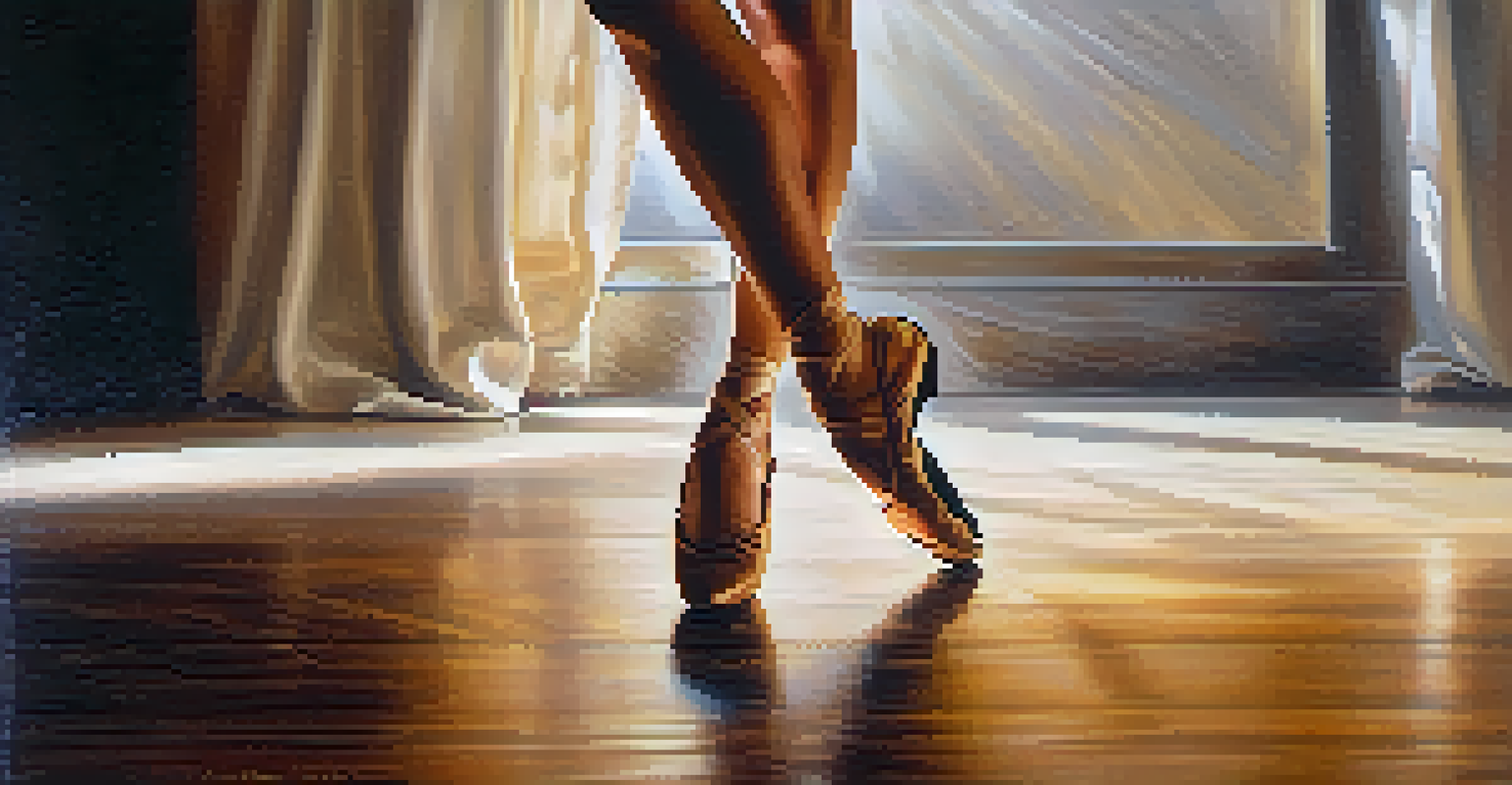 A close-up of a dancer's feet gracefully moving on a polished wooden floor, capturing the texture and fluidity of their movement.