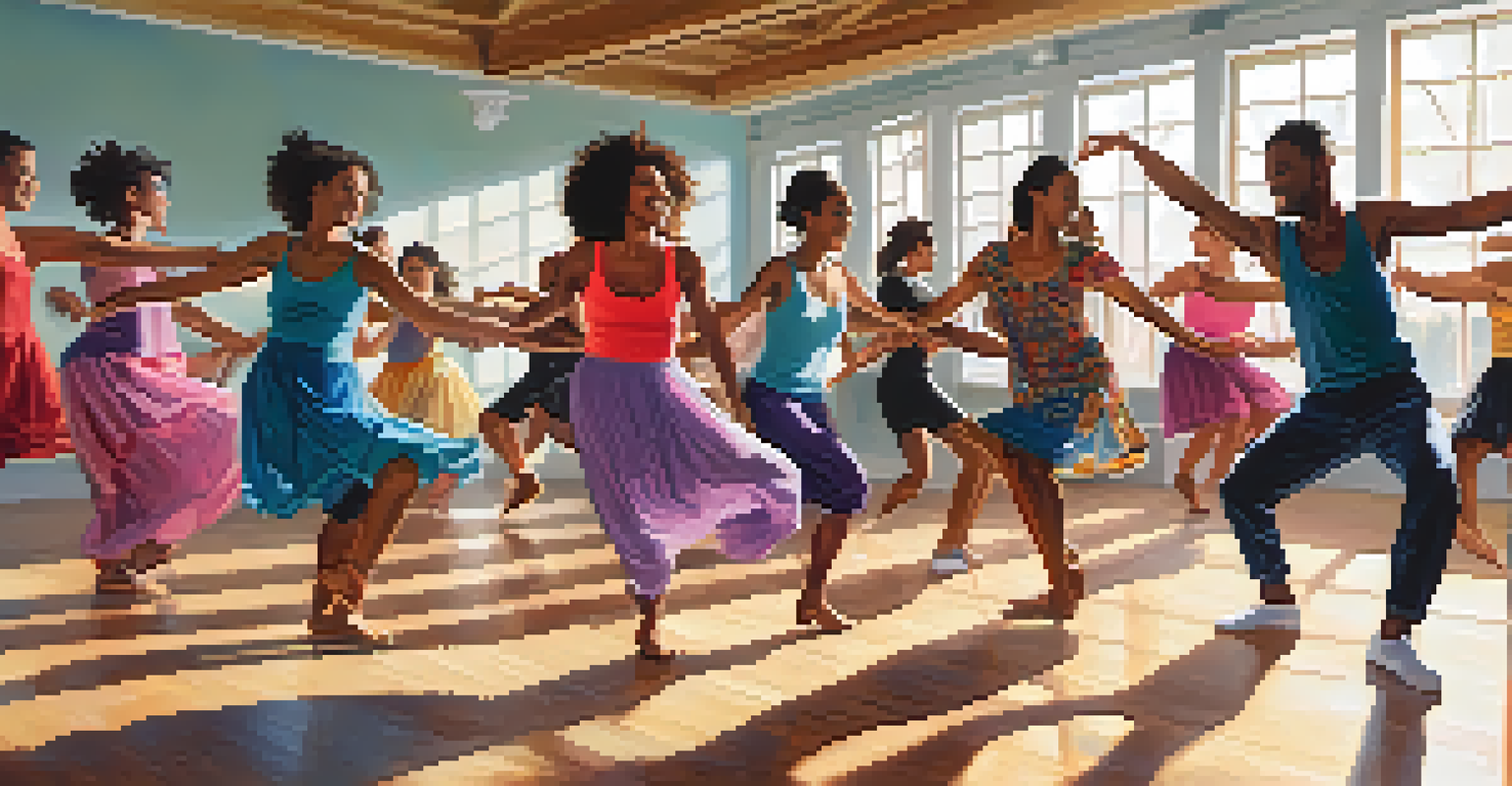 A diverse group of people enjoying a community dance class in a bright studio, showcasing a sense of joy and connection.