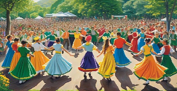 A lively folk dance festival with dancers in colorful costumes performing an Irish jig in a green landscape.