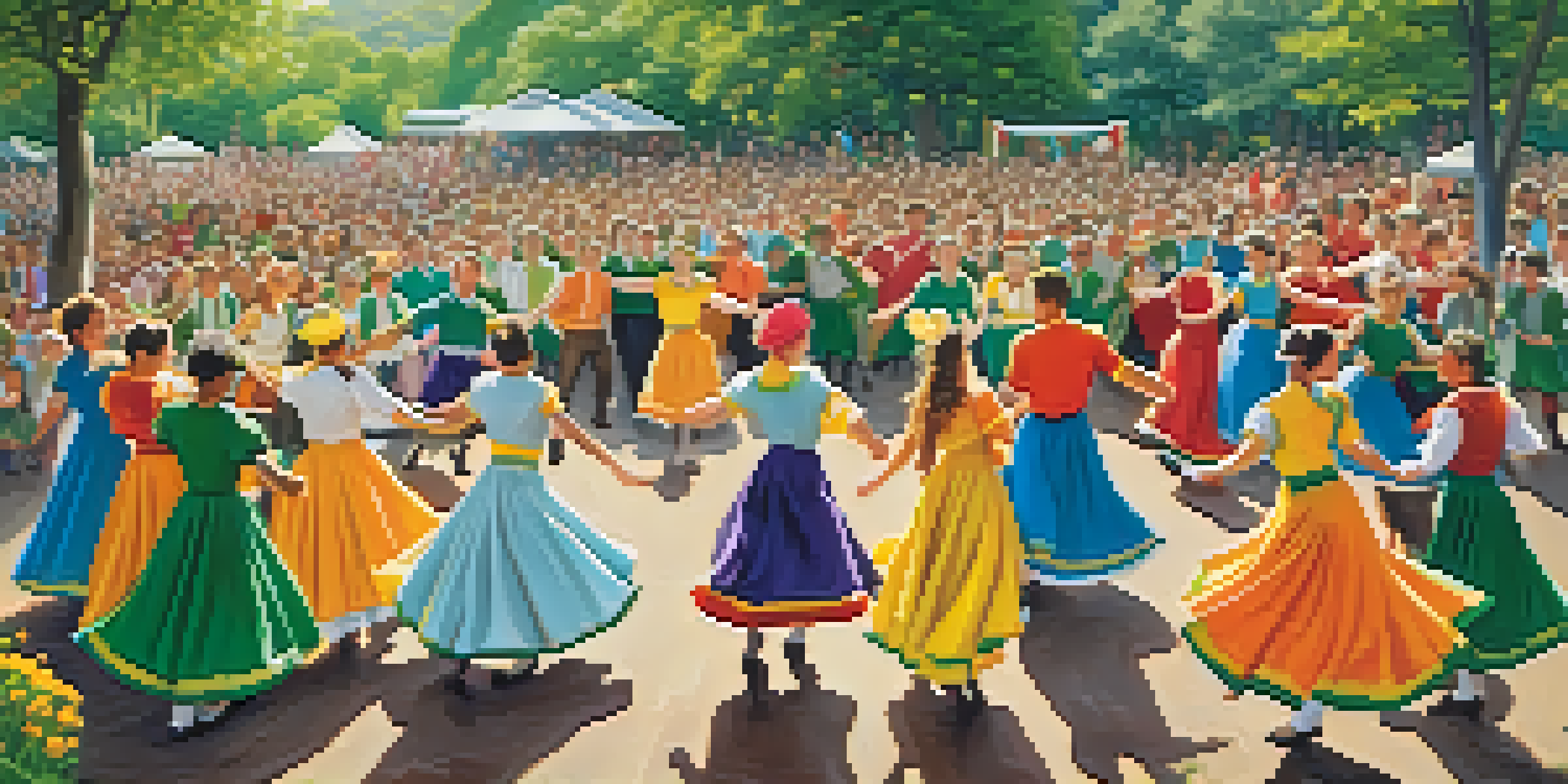 A lively folk dance festival with dancers in colorful costumes performing an Irish jig in a green landscape.