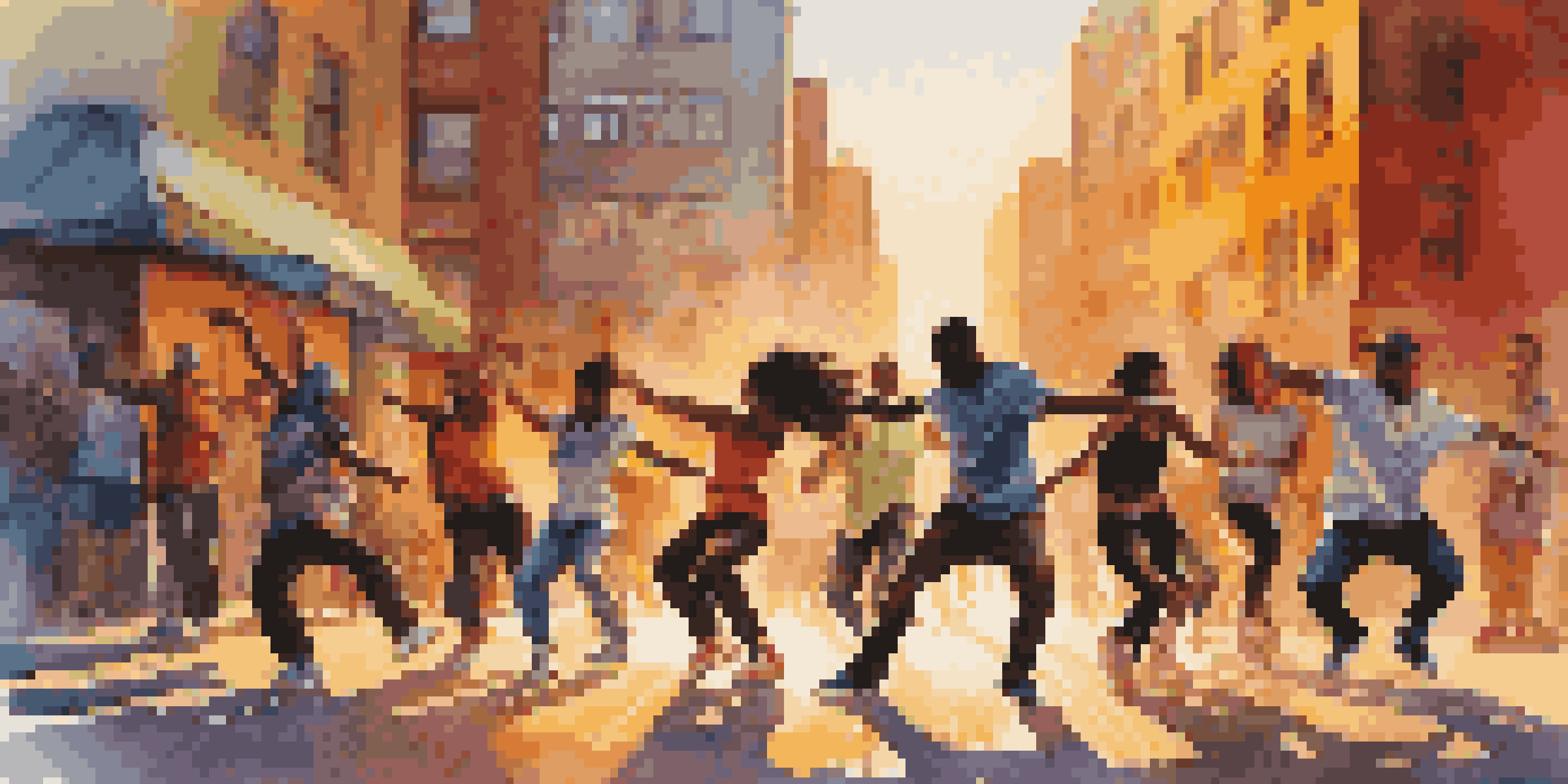 A diverse group of dancers performing hip-hop in an urban setting with colorful street art and a sunset.