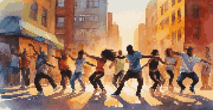 A diverse group of dancers performing hip-hop in an urban setting with colorful street art and a sunset.