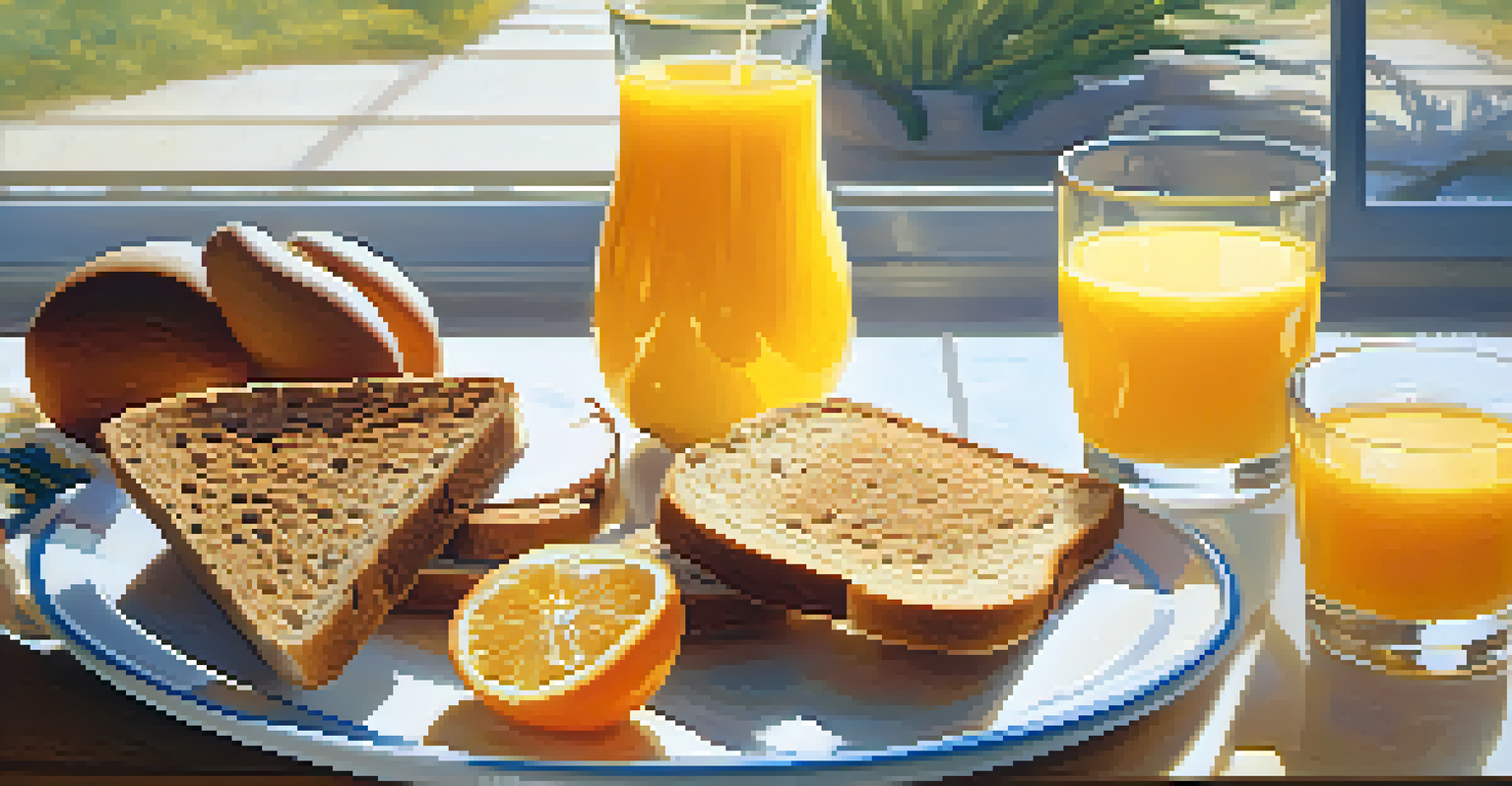 A nutritious breakfast spread with whole grain toast, eggs, nuts, and orange juice, illuminated by morning light.