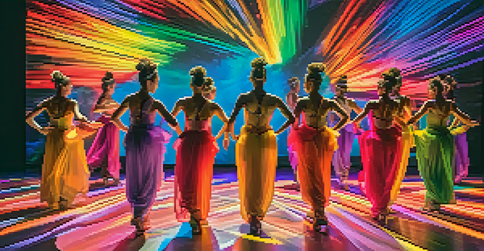 A lively dance performance with colorful costumes and dynamic lighting, accompanied by digital projections, captivating the audience.