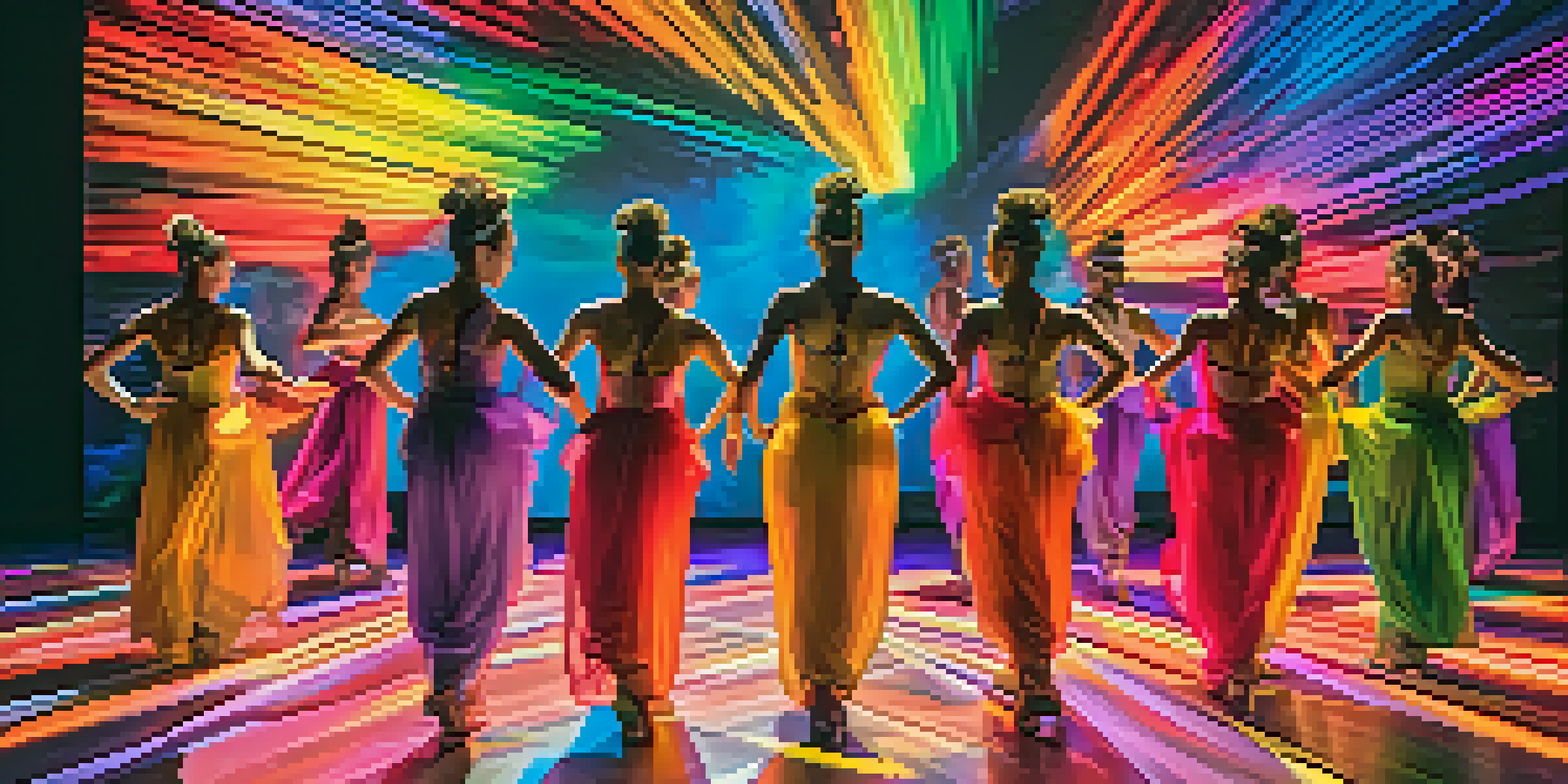 A lively dance performance with colorful costumes and dynamic lighting, accompanied by digital projections, captivating the audience.
