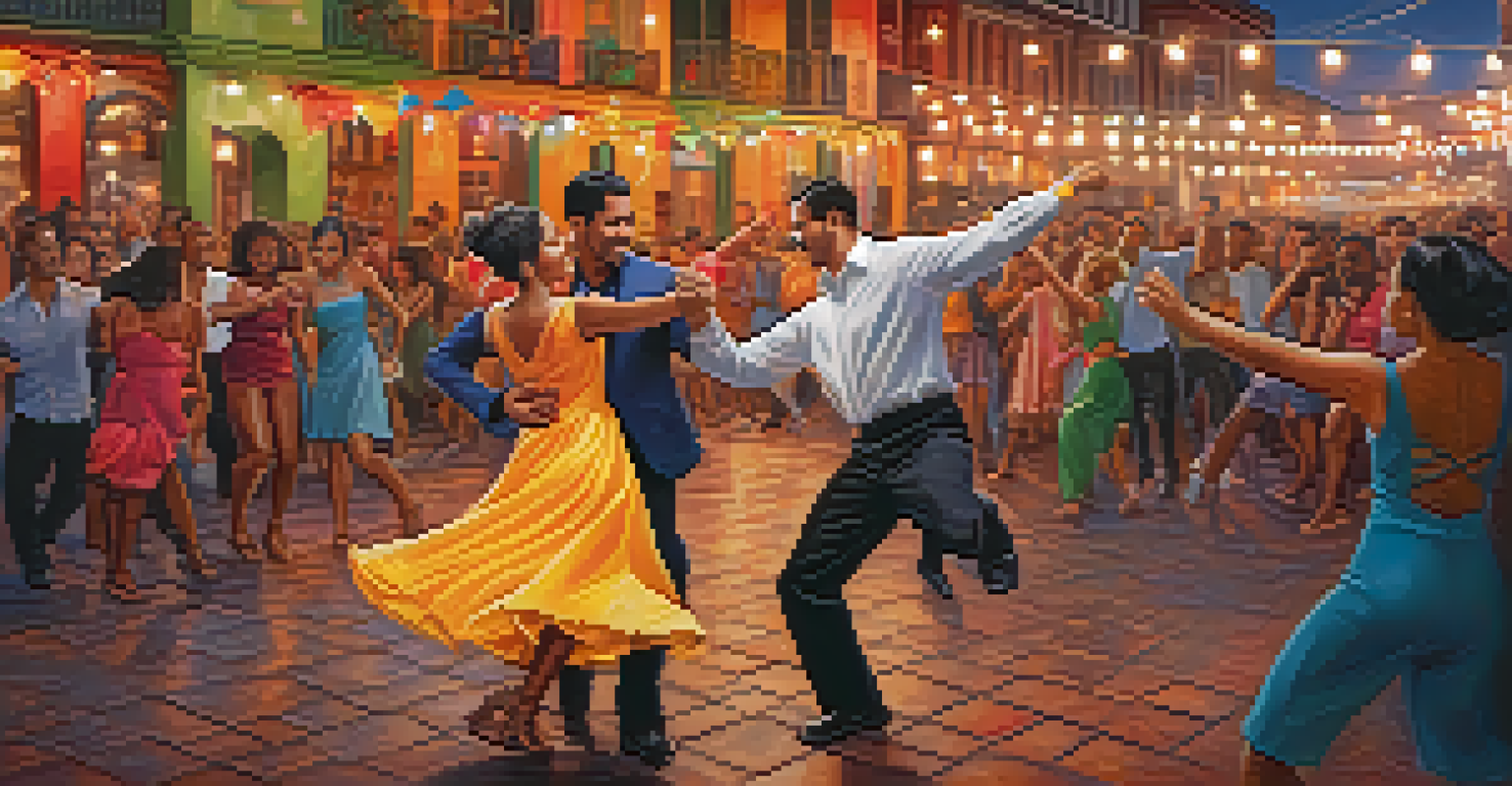 A couple dancing salsa in an urban environment, surrounded by colorful murals and an engaged audience.