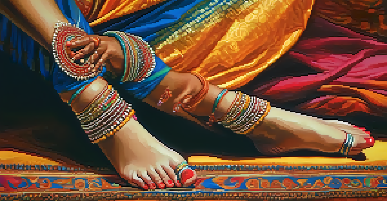 A close-up of a dancer's feet performing bharatanatyam, highlighting colorful anklets and the elegance of traditional dance movements.