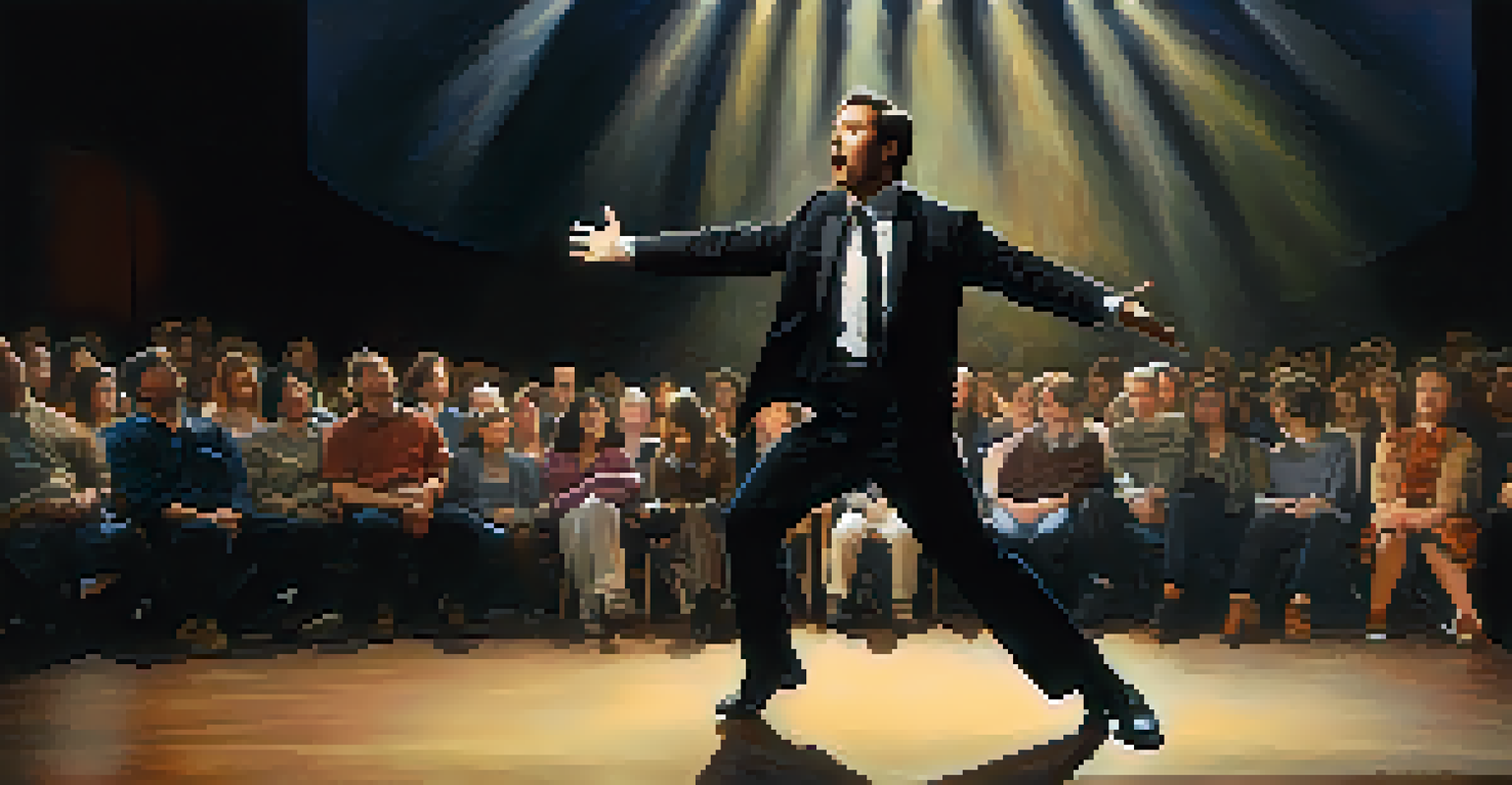 An actor delivering a powerful monologue on stage, with expressive emotions and dramatic lighting.