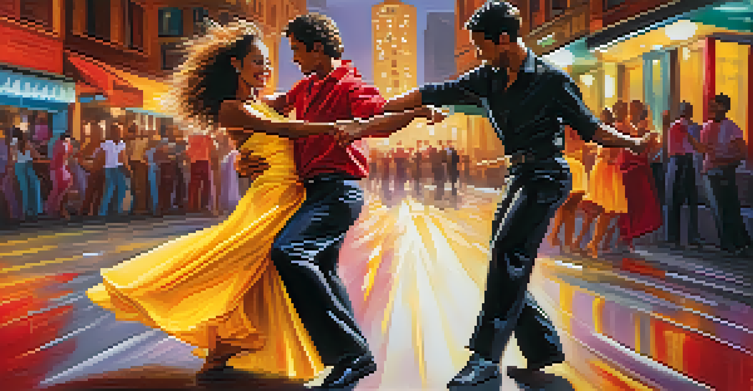 Two salsa dancers energetically performing in a colorful urban setting with blurred city lights in the background.