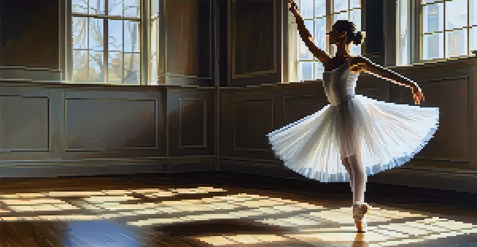 A ballet dancer performing a pirouette in a sunlit studio with large windows and wooden floor.