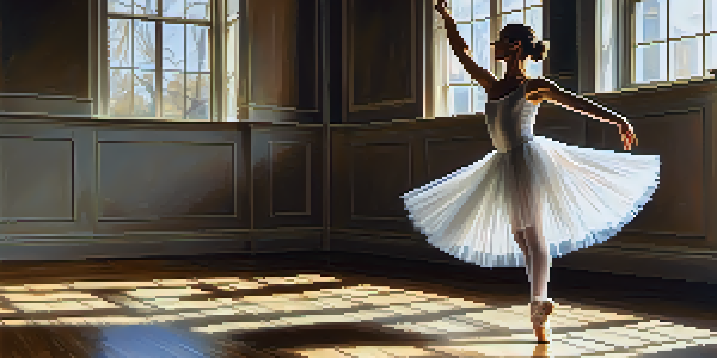 A ballet dancer performing a pirouette in a sunlit studio with large windows and wooden floor.
