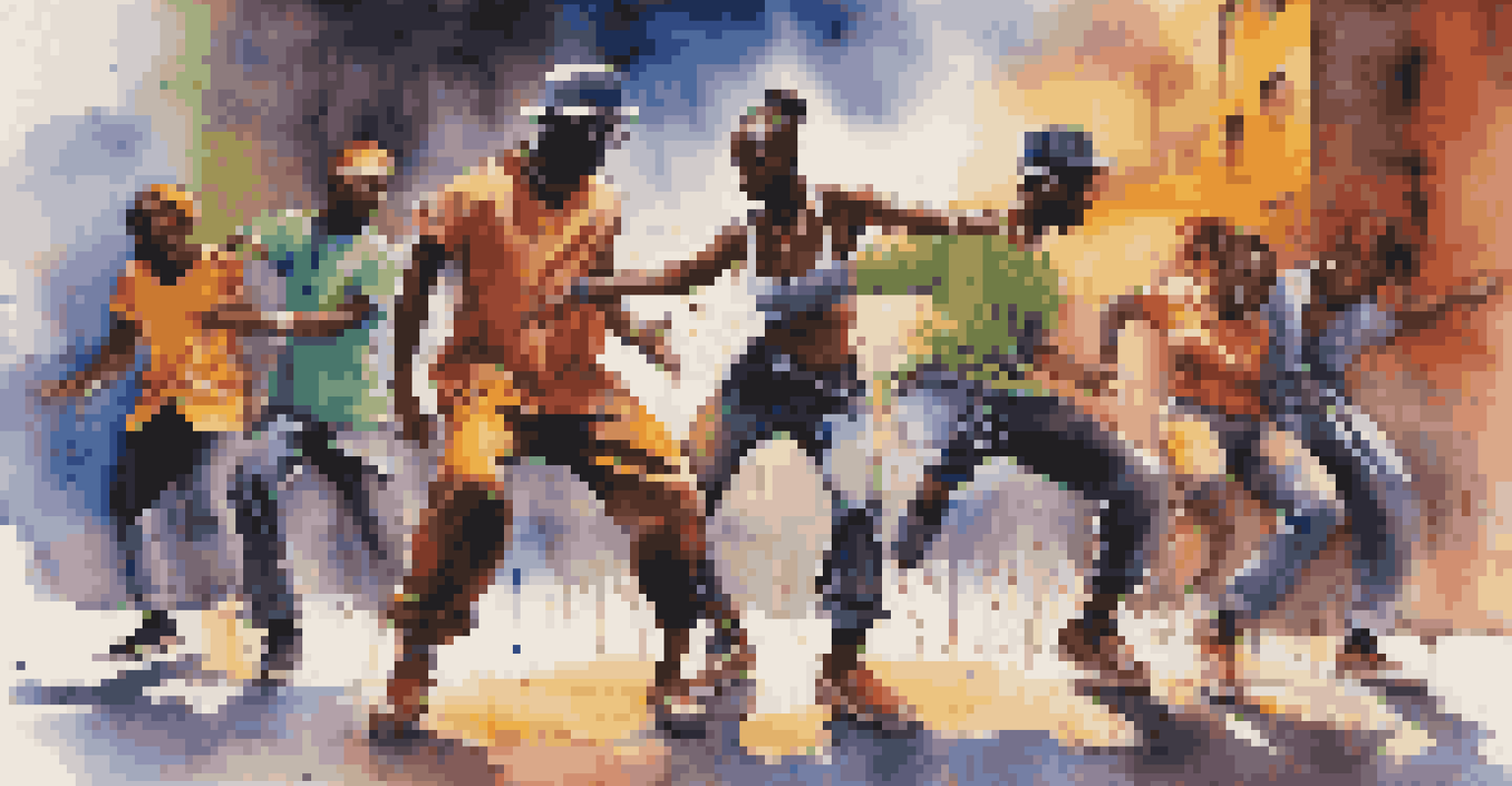 Dancers performing a fusion of traditional African and hip-hop dance styles in an urban setting, with colorful graffiti in the background.