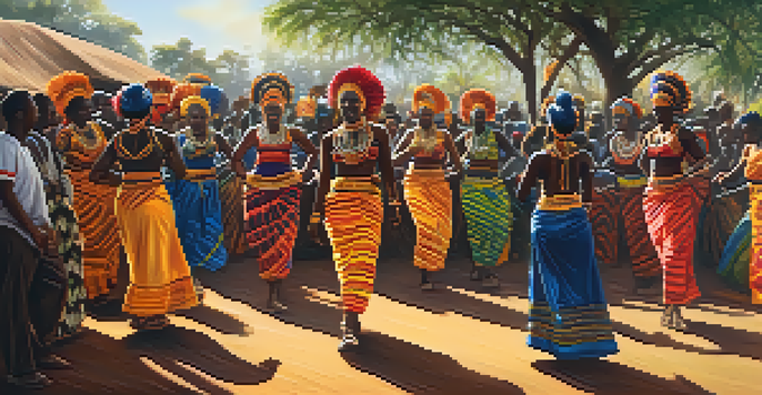 A lively traditional African dance festival with dancers in colorful costumes and an engaged audience in a lush setting.