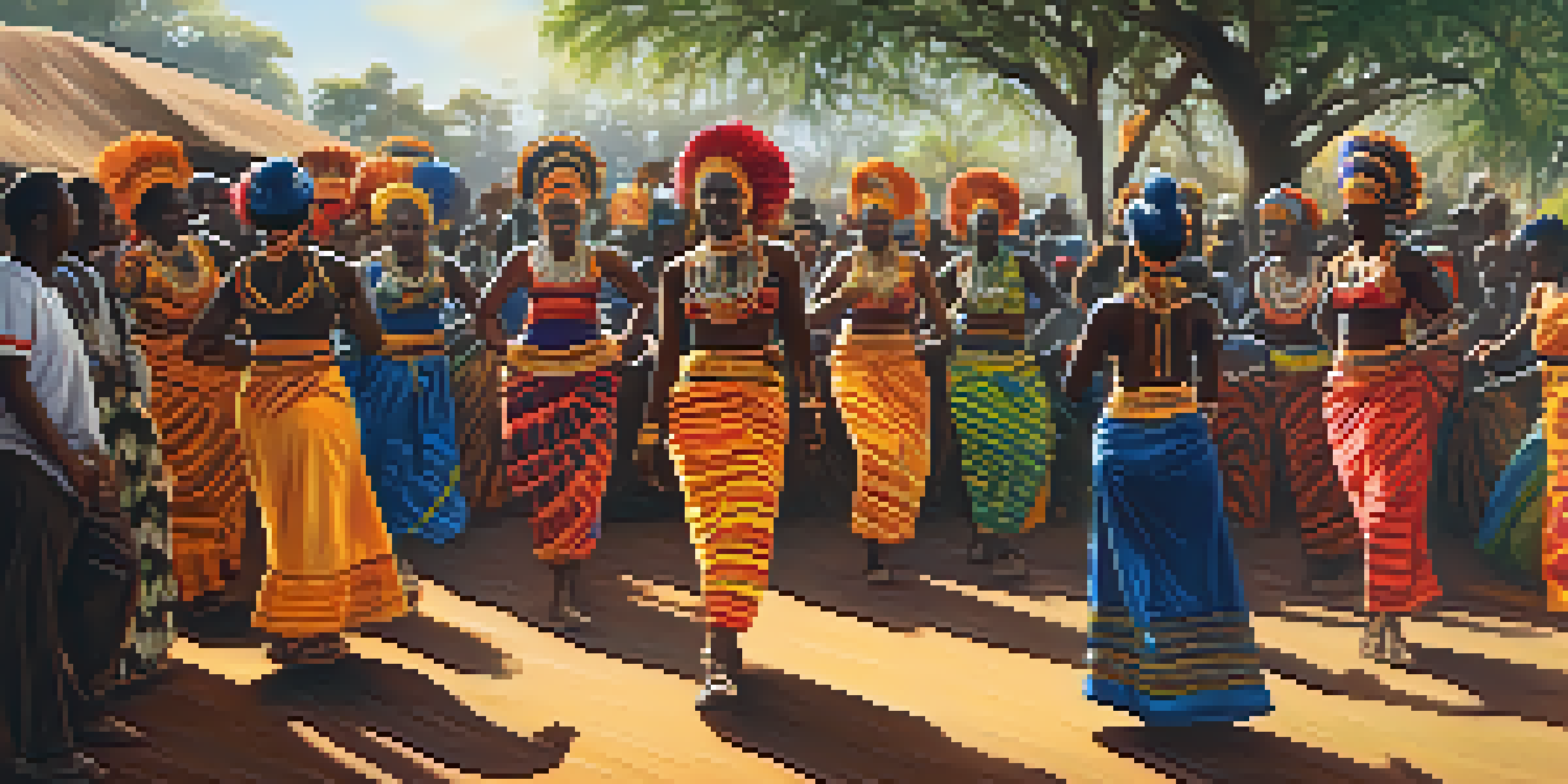 A lively traditional African dance festival with dancers in colorful costumes and an engaged audience in a lush setting.