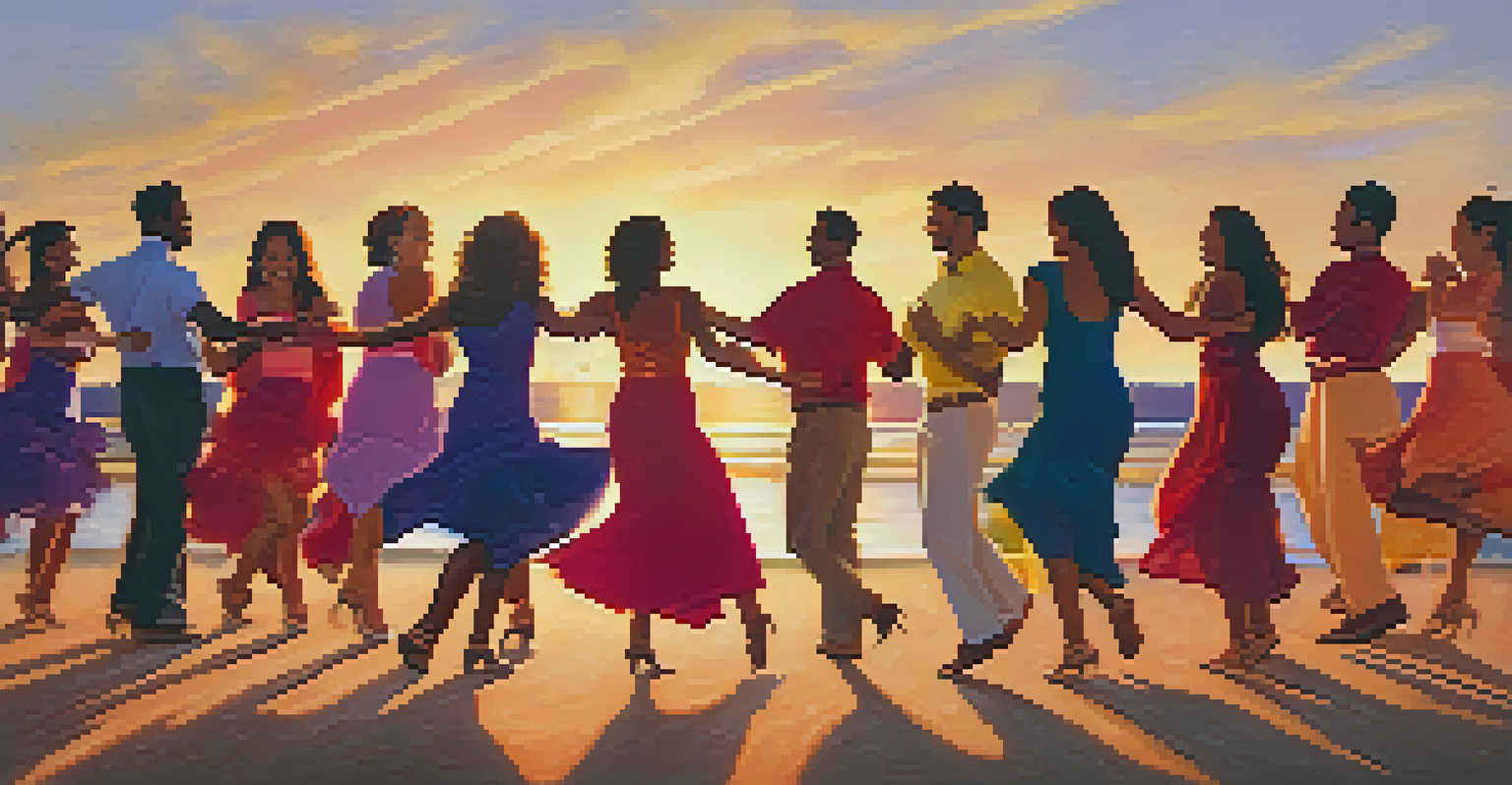 A group of friends dancing outdoors at sunset, filled with laughter and joy, showcasing community and connection.