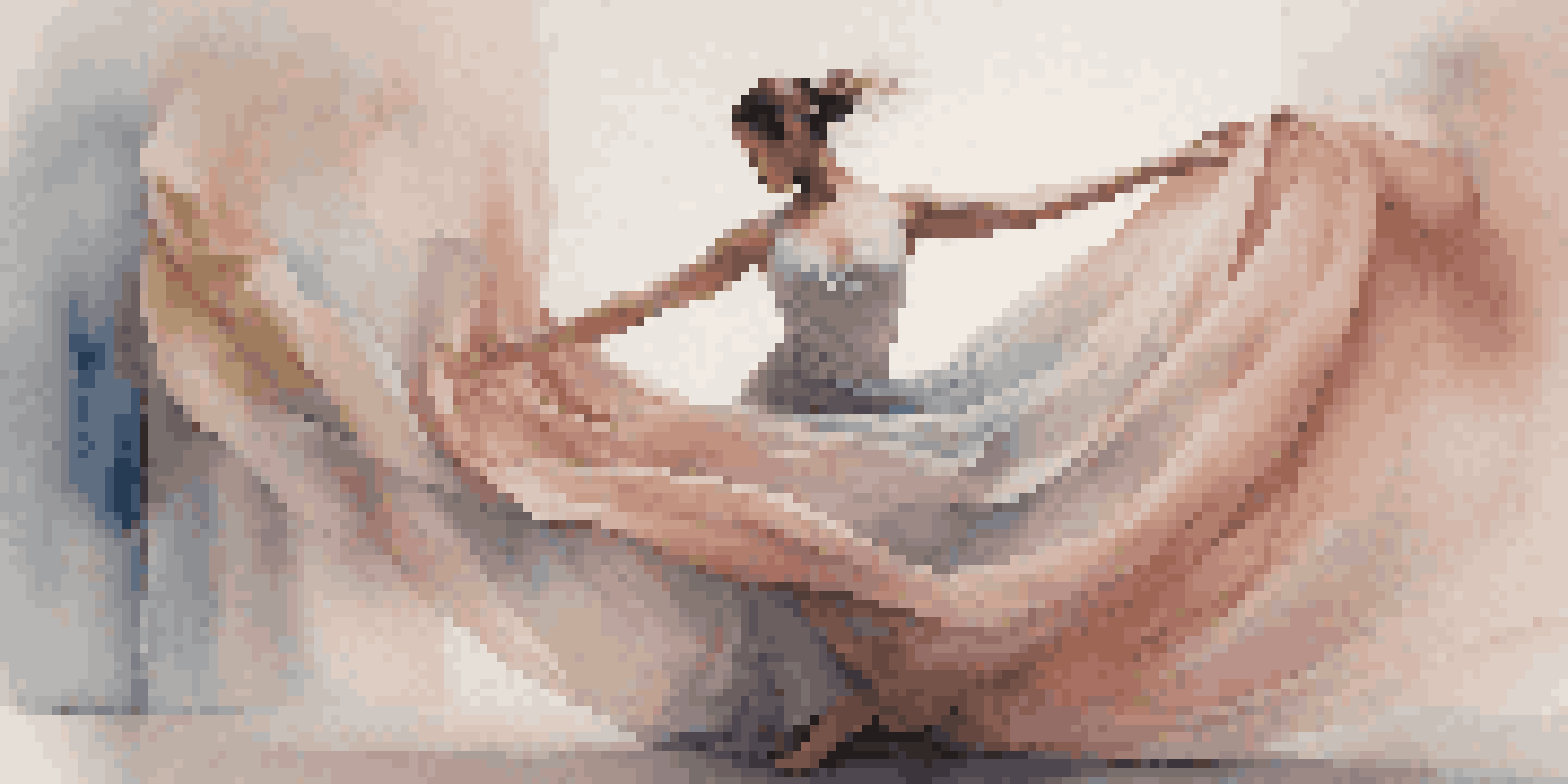 A dancer in a graceful pose with flowing fabric, set against a soft pastel background, expressing deep emotions.