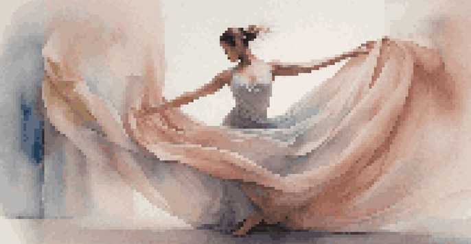 A dancer in a graceful pose with flowing fabric, set against a soft pastel background, expressing deep emotions.