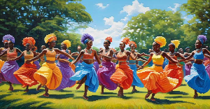 A group of dancers in colorful costumes performing a traditional African dance outdoors, surrounded by greenery and a blue sky.