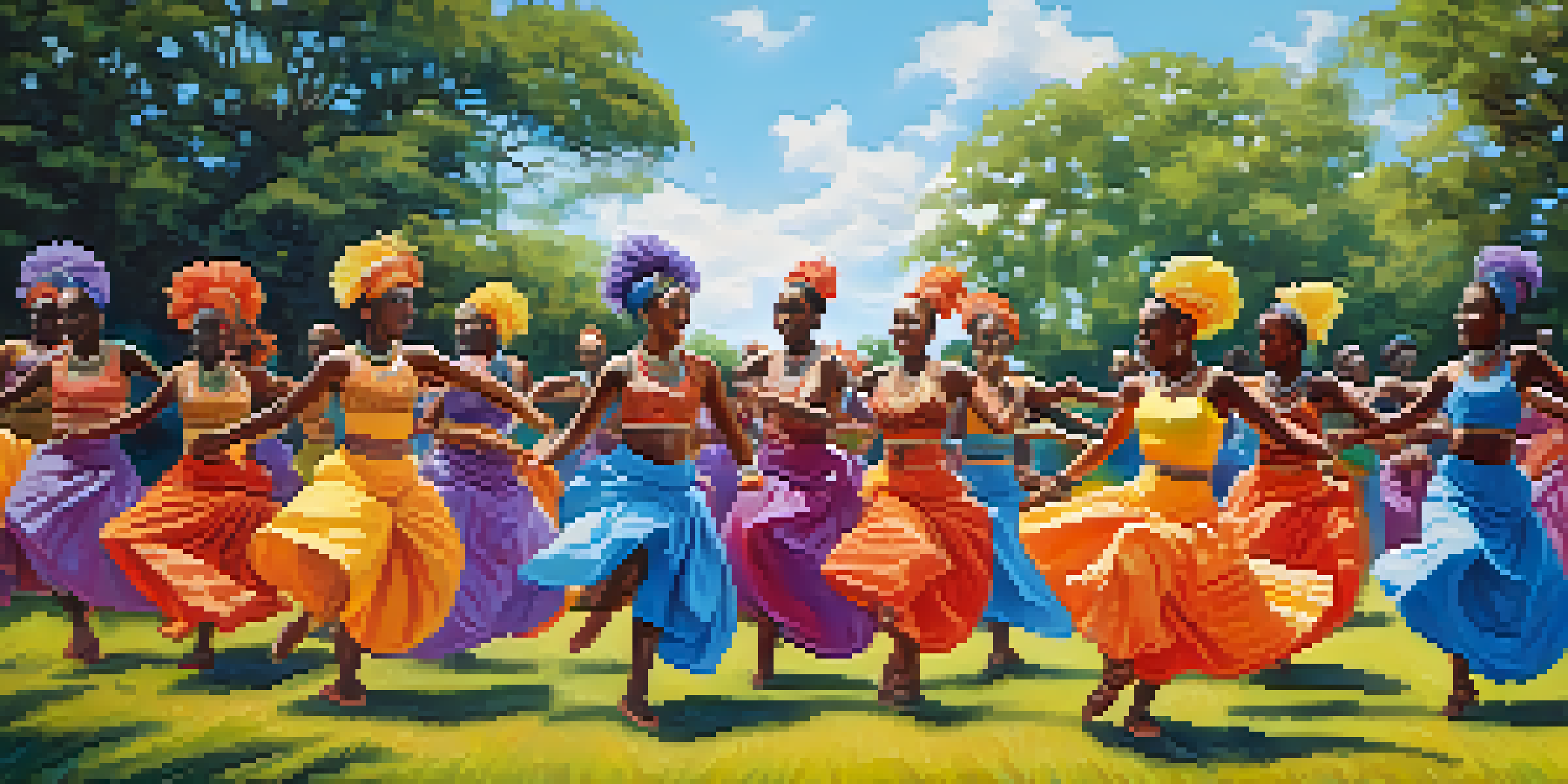 A group of dancers in colorful costumes performing a traditional African dance outdoors, surrounded by greenery and a blue sky.