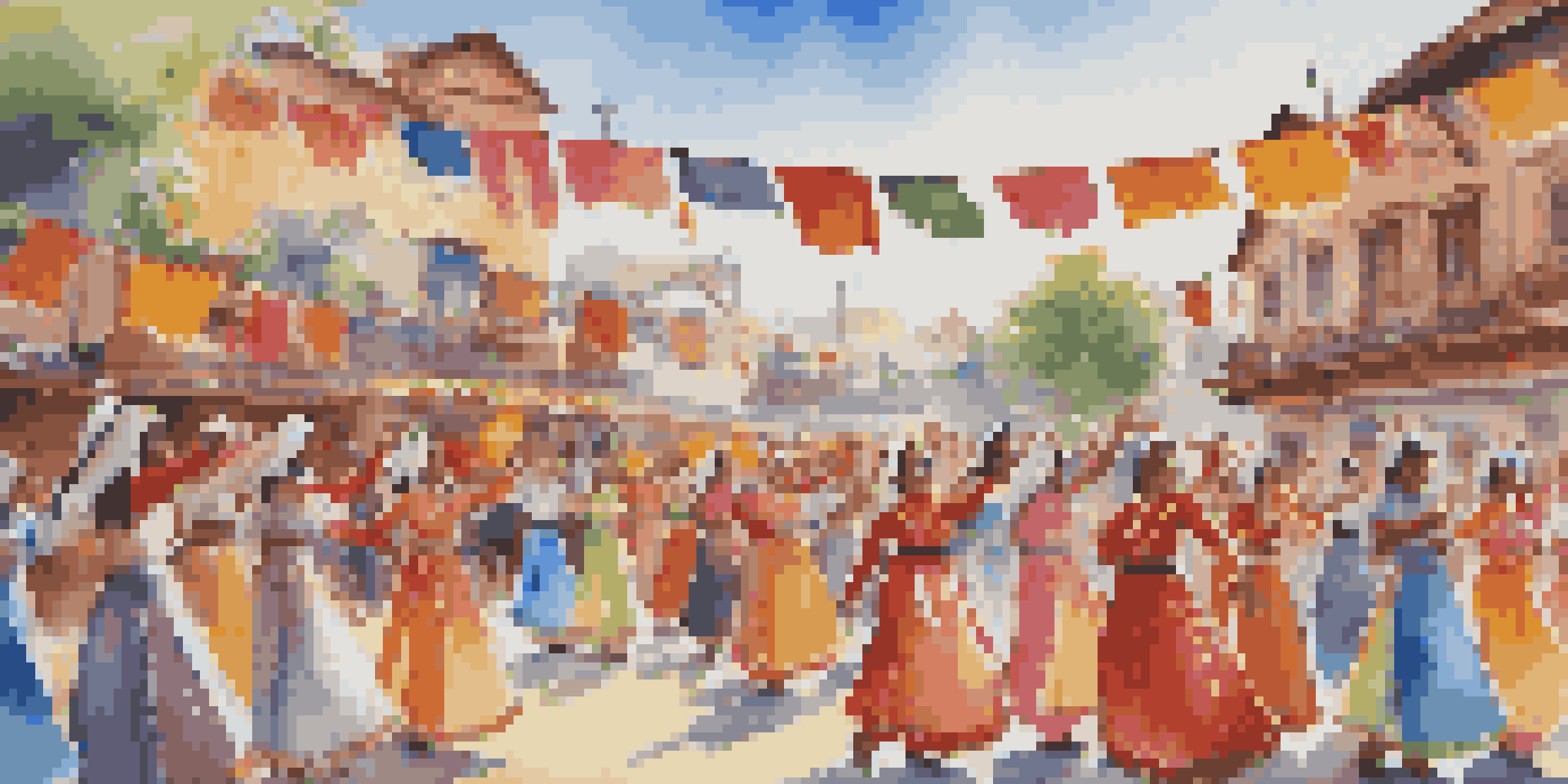 A lively folk dance festival with women in traditional costumes dancing in a colorful outdoor setting, surrounded by an engaged audience and decorations.