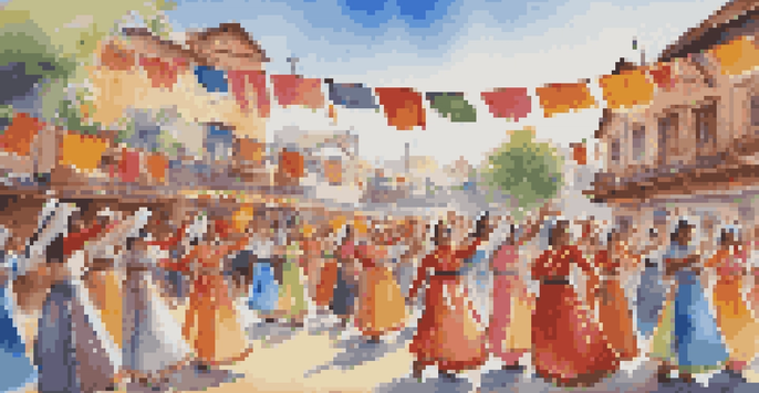 A lively folk dance festival with women in traditional costumes dancing in a colorful outdoor setting, surrounded by an engaged audience and decorations.
