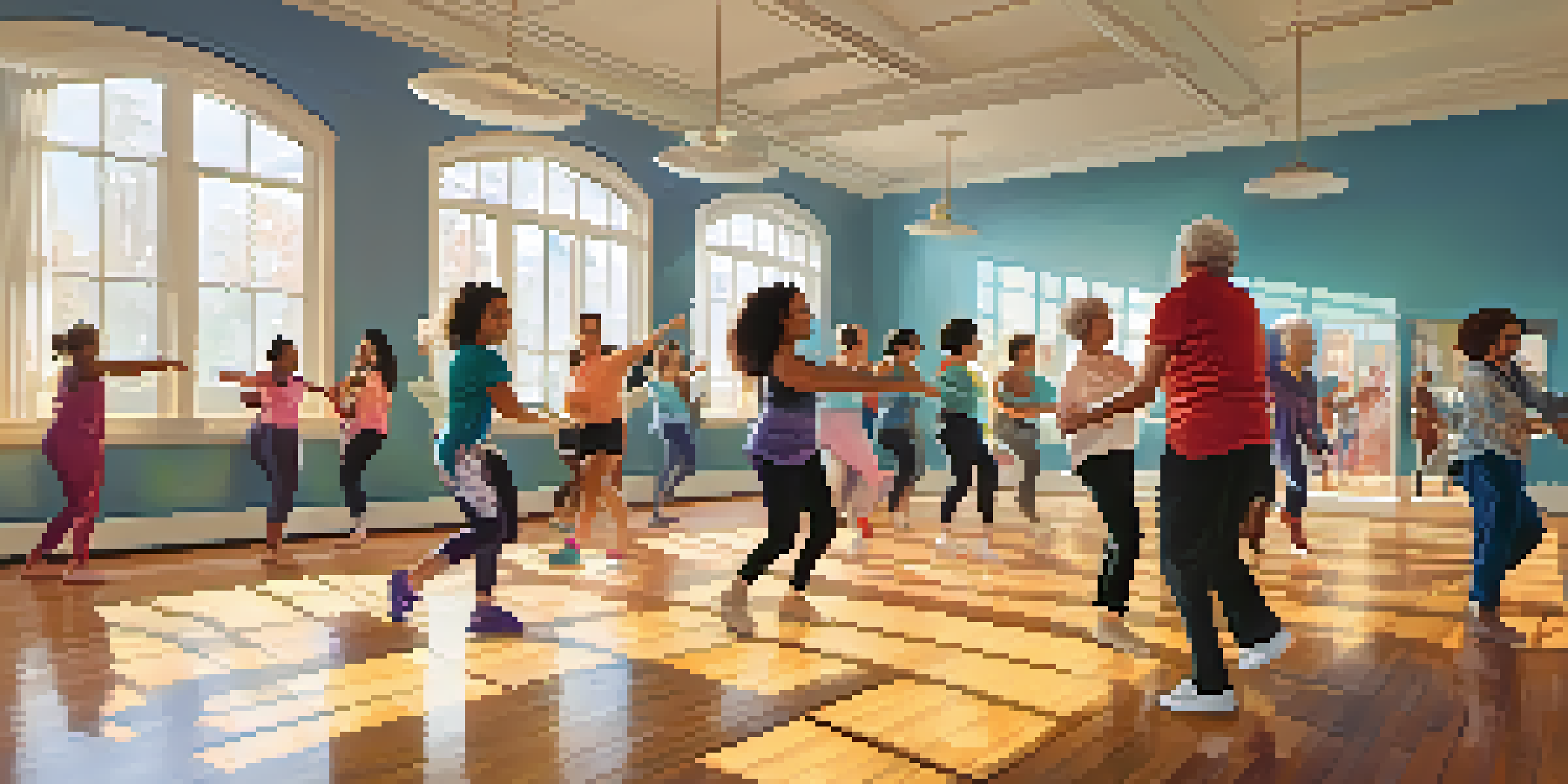 A diverse group of people dancing joyfully in a bright, sunlit dance studio with colorful decorations.
