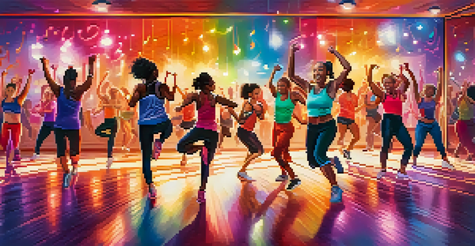 A lively dance fitness class with diverse participants dancing energetically, led by an enthusiastic instructor in a colorful, well-lit room.