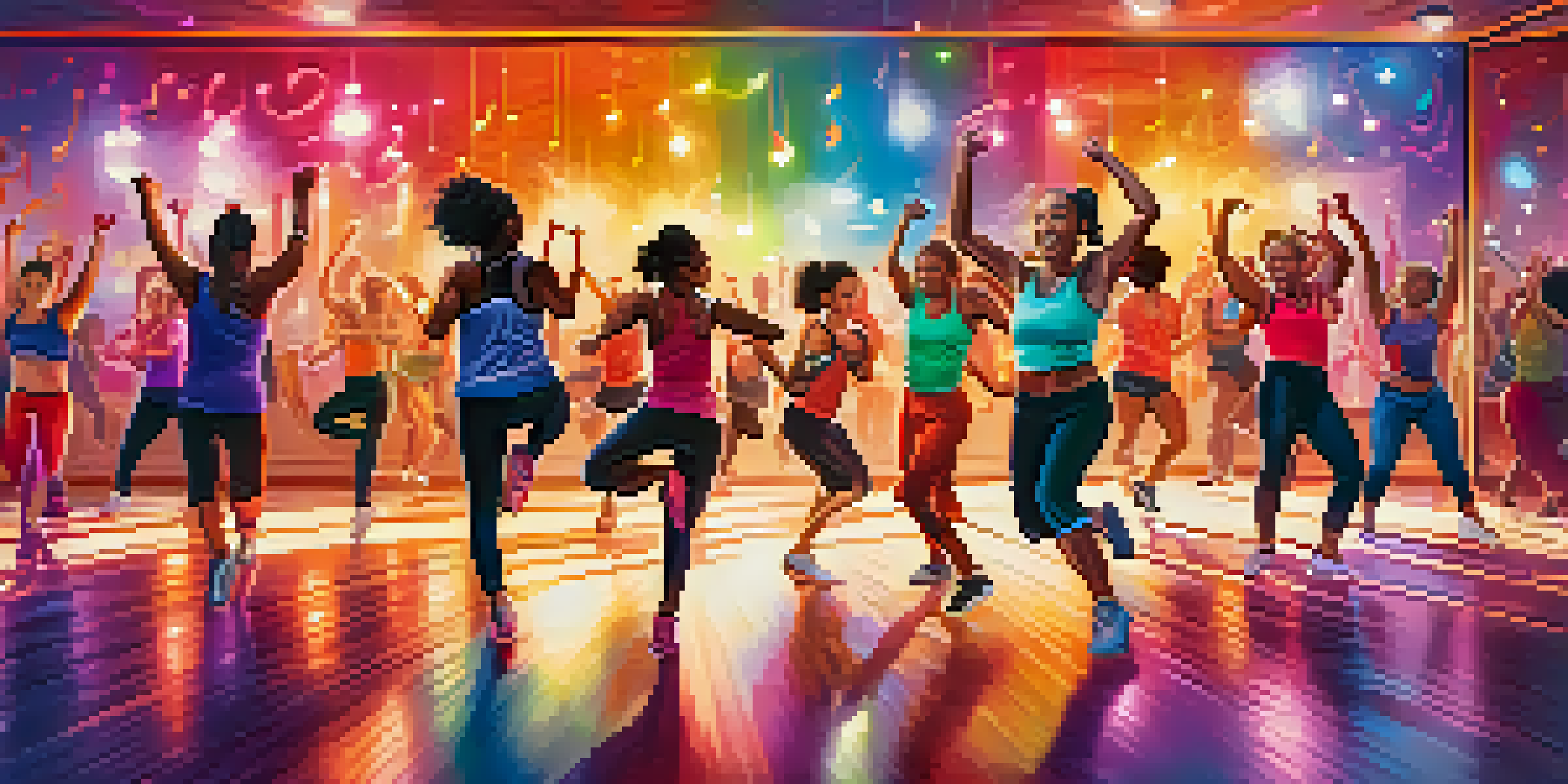 A lively dance fitness class with diverse participants dancing energetically, led by an enthusiastic instructor in a colorful, well-lit room.