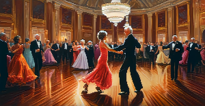An elegant ballroom dance scene with older adults in colorful outfits dancing together under soft lighting.